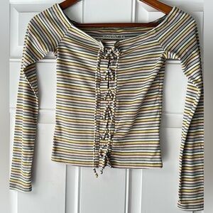 Aeropostale Long Sleeve Seriously Soft Open Neck Tee With Lace Up Front Decor XS